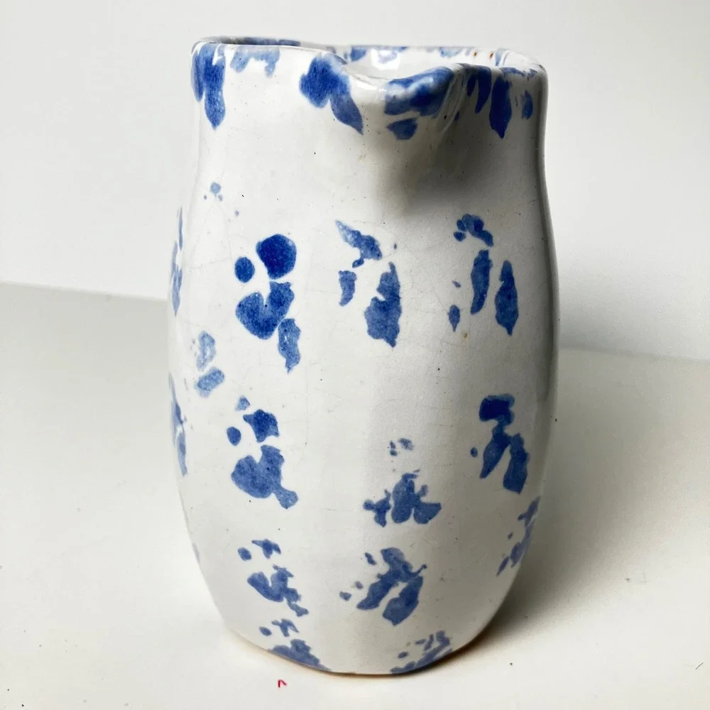 Bybee Pottery Pitcher Creamer 6in White Blue Spongeware Vintage Kentucky BB